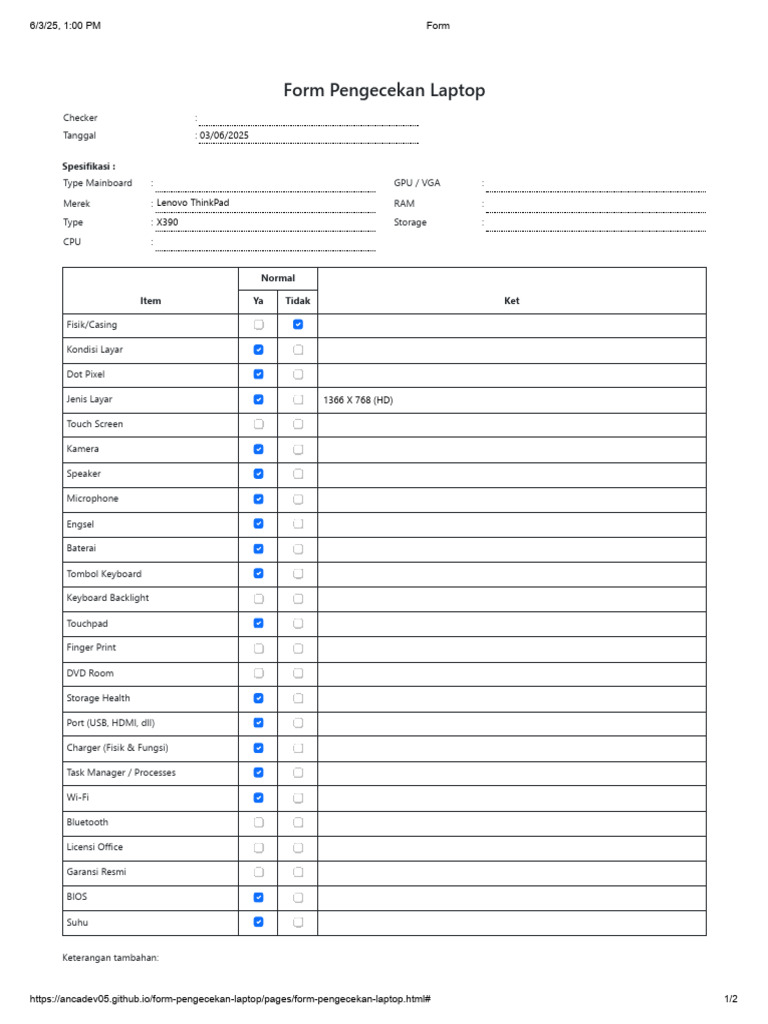 Laptop Check Form for Lenovo X390 | PDF
