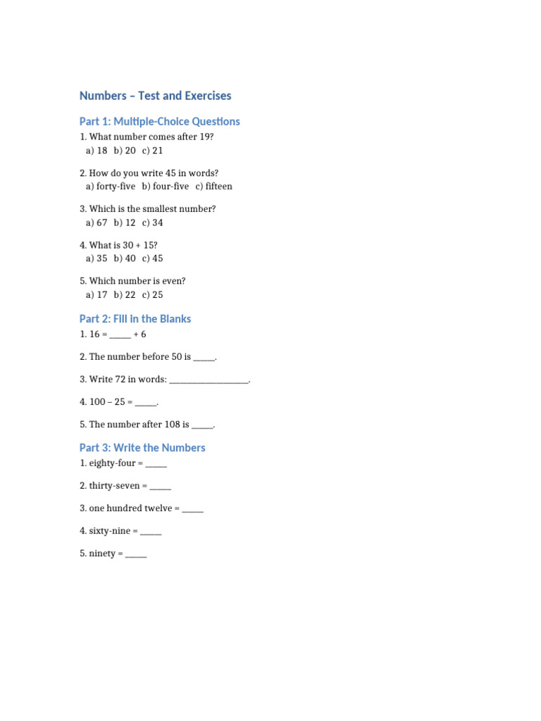 Numbers Test: MCQs and Exercises | PDF