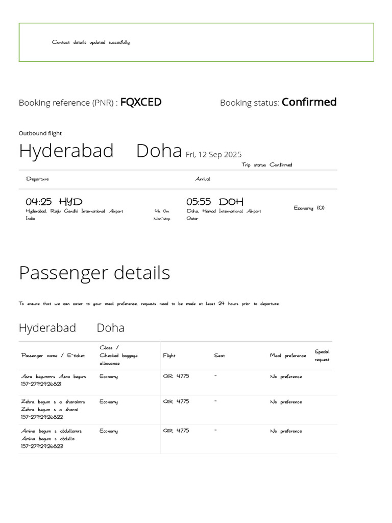 Qatar Airways Hyd Doha - Trip Summary | PDF