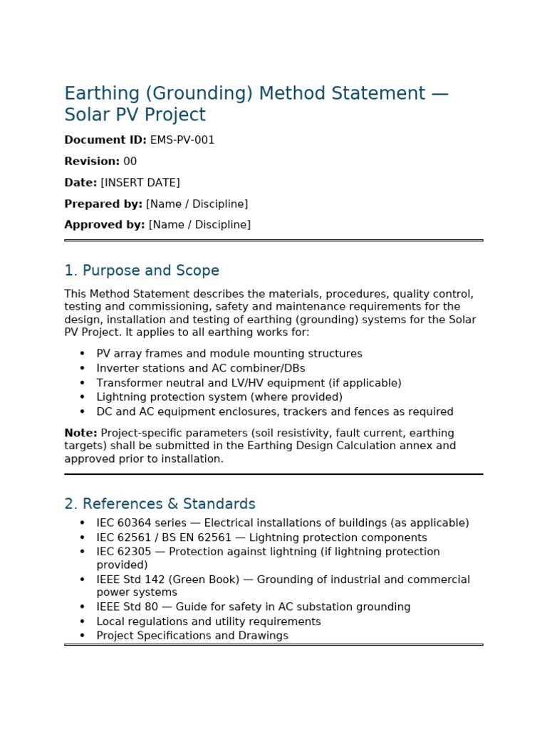 Earthing Method Statement for Solar PV | PDF | Electrical Conductor ...
