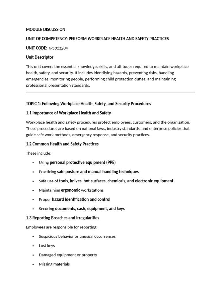 Workplace Health and Safety Practices | PDF | Occupational Safety And ...