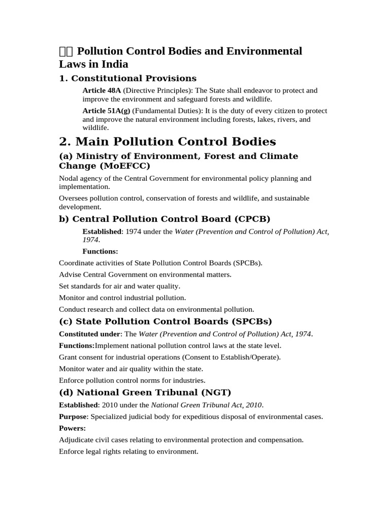 Pollution Control and Laws in India | PDF | Environmental Protection ...