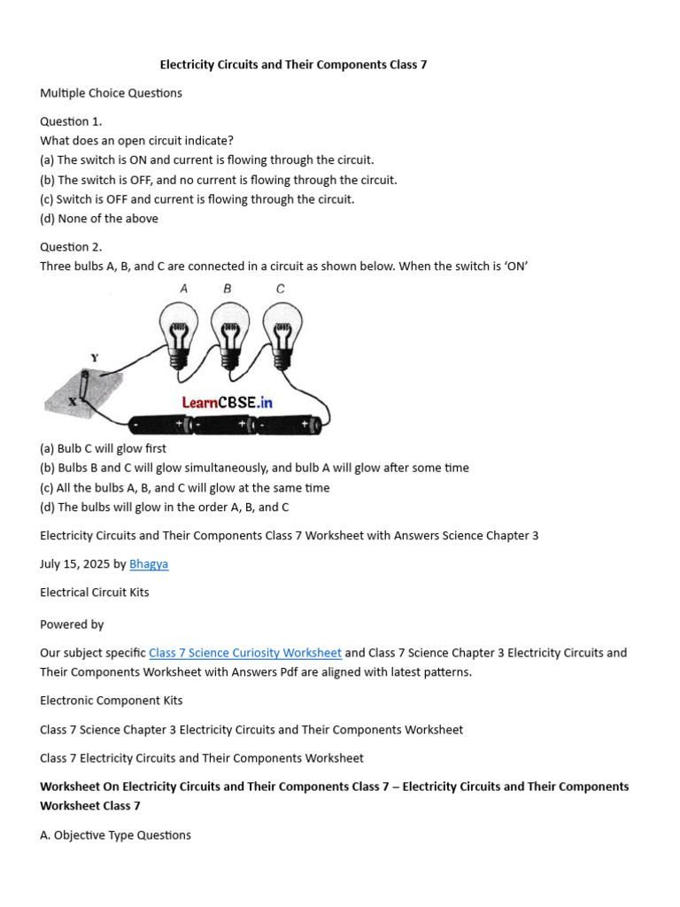 Class 7 Electricity Circuits MCQs Worksheet | PDF | Electric Current ...