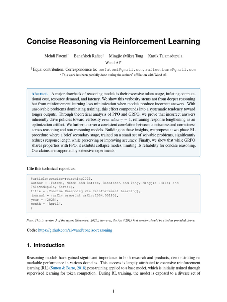 Concise Reasoning Via Reinforcement Learning: Abstract | PDF | Learning ...