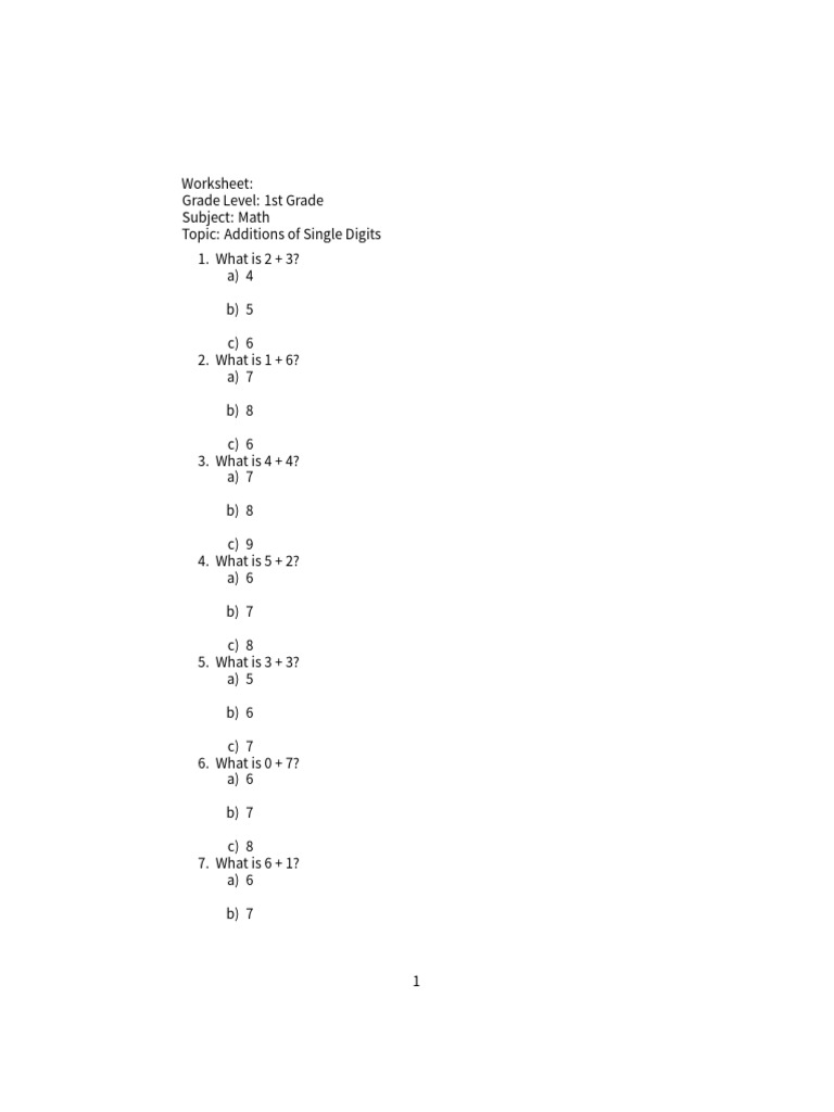 1st Grade Single Digit Addition Quiz | PDF