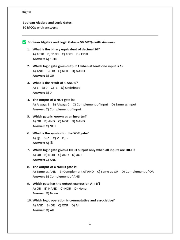 50 MCQs on Boolean Algebra & Logic Gates | PDF | Division (Mathematics ...