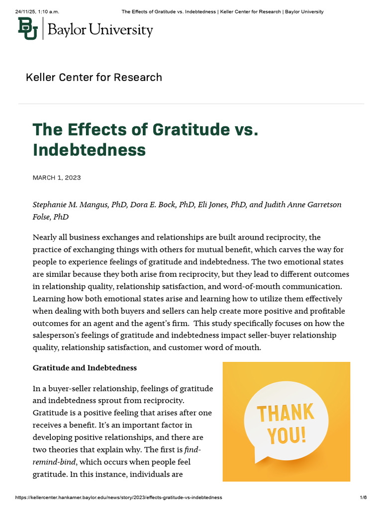 The Effects of Gratitude vs. Indebtedness - Keller Center For Research ...