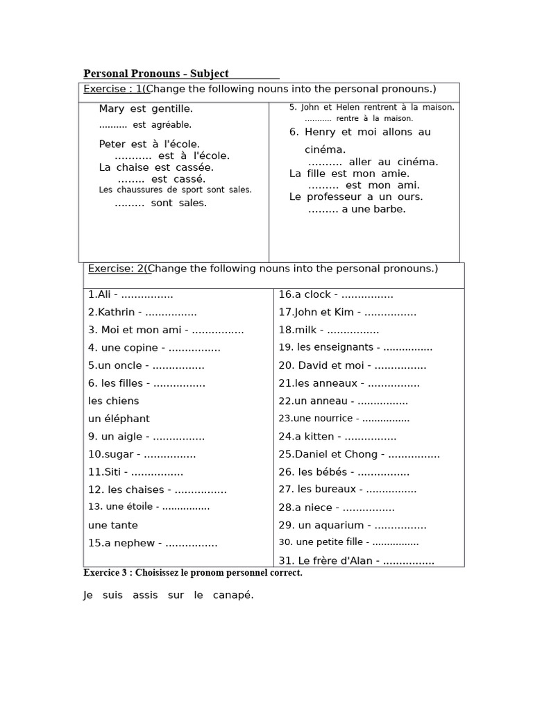 Exercices sur les pronoms personnels | PDF