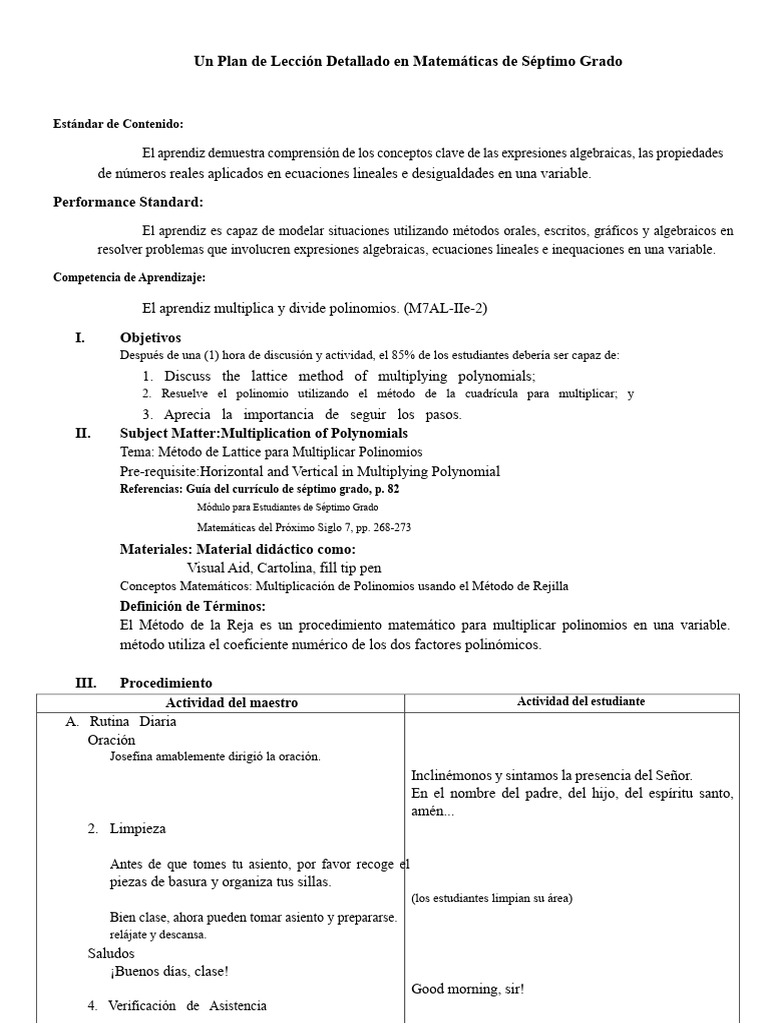 Plan de Lección Detallado en Matemáticas de Séptimo Grado | PDF ...
