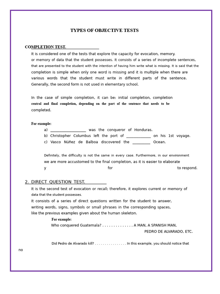 Types of Objective Tests Explained | PDF | Question | Memory