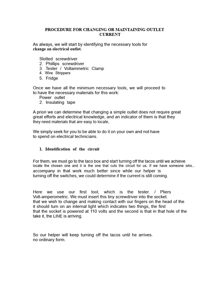 Procedure For Replacing or Maintaining A Power Outlet | PDF ...