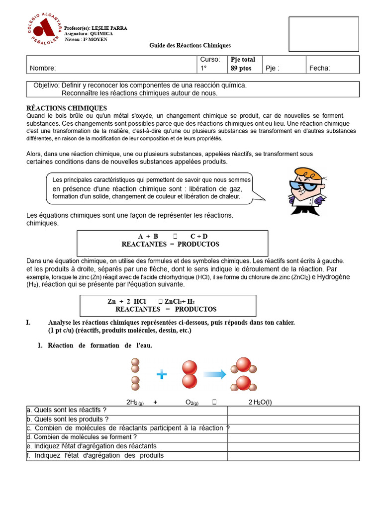 Guide des Réactions Chimiques en 1ère | PDF | Chimie | Réactions chimiques