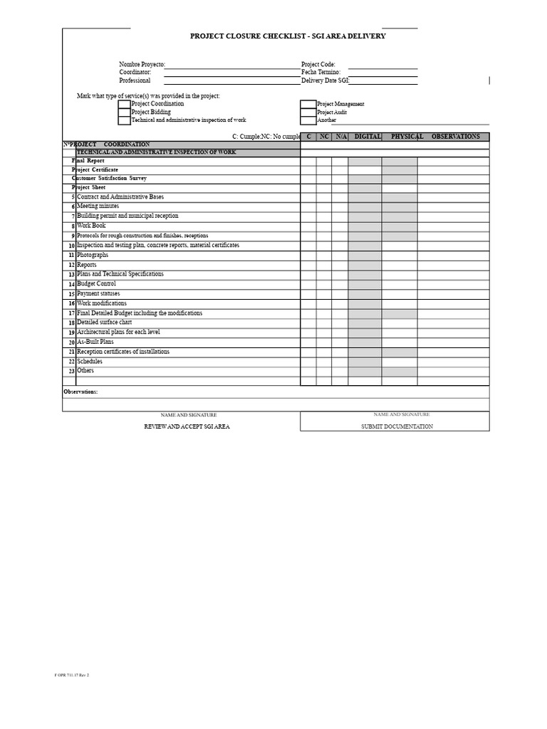 Project Closure Checklist for SGI Delivery | PDF