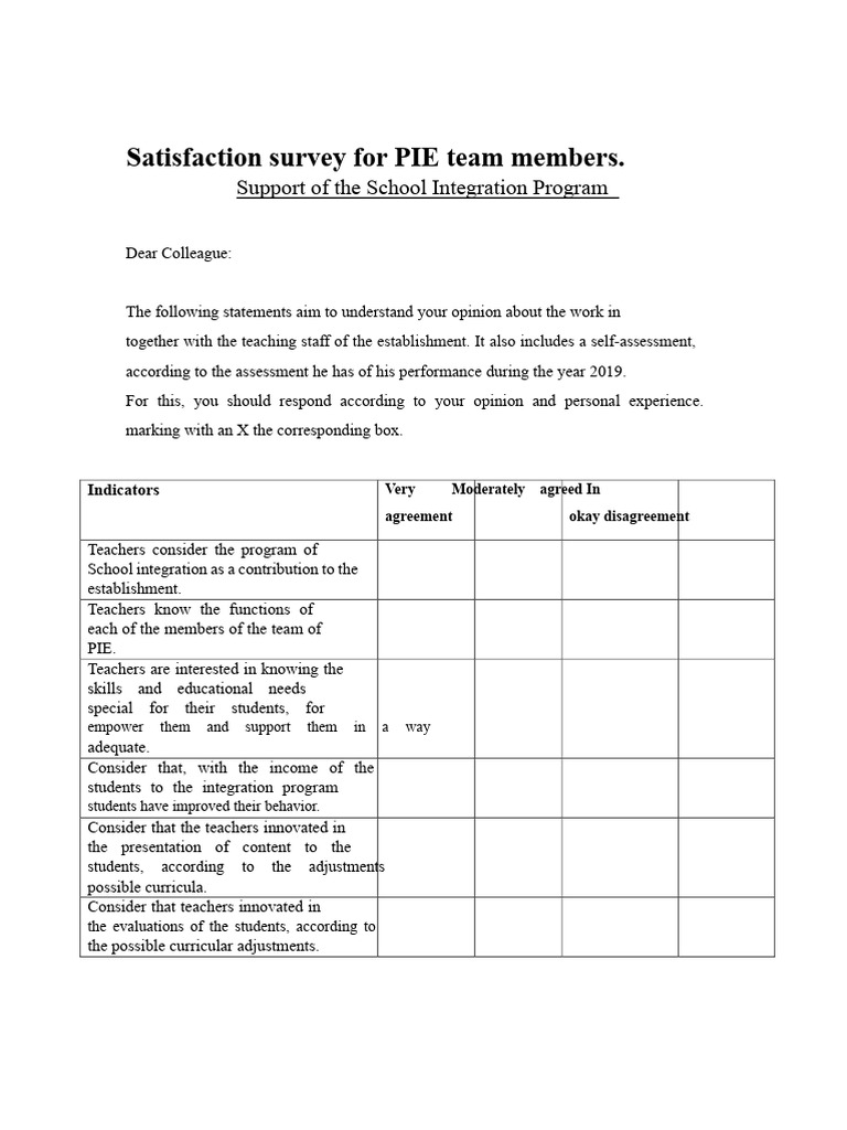 PIE Team Member Satisfaction Survey | PDF | Teachers | Curriculum