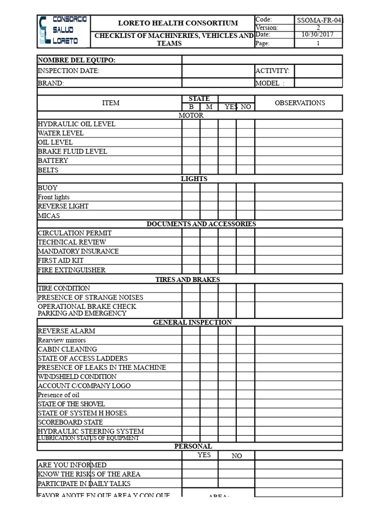 Machinery Inspection Checklist Template | PDF