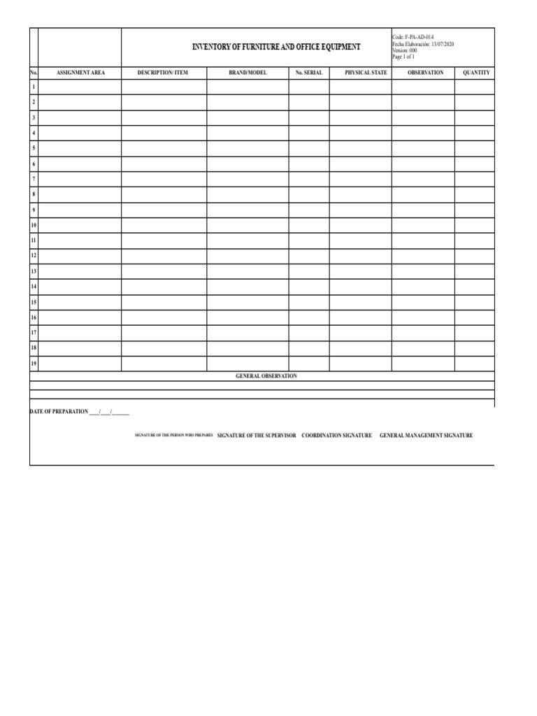 F-Pa-Ad-014 Office Furniture and Equipment Inventory | PDF