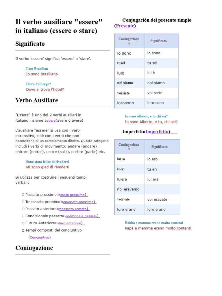 Il Verbo Ausiliare Essere in Italiano (Essere o Stare) | PDF