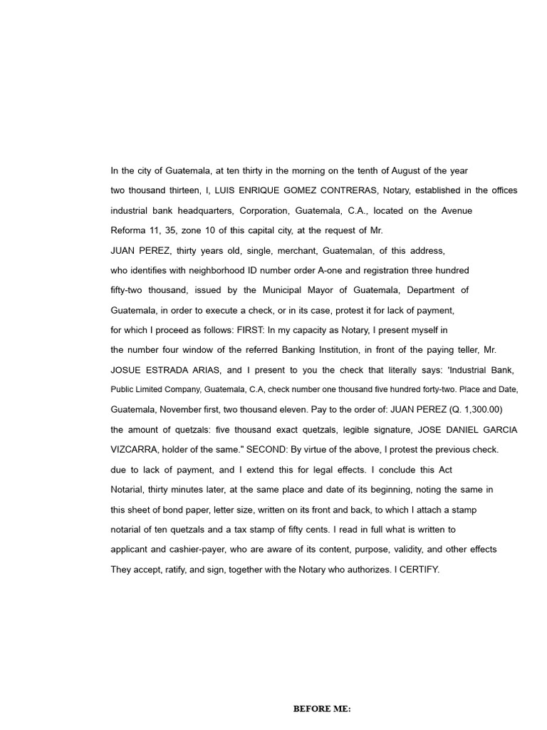 Notarial Protest of Check in Guatemala | PDF