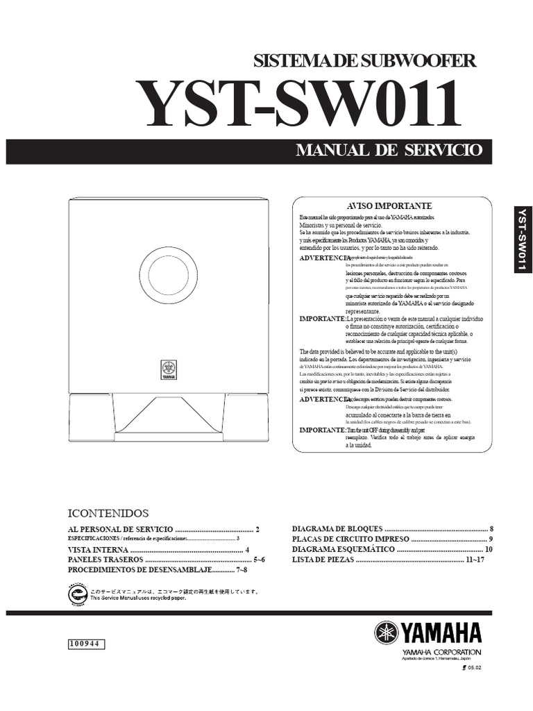 Manual Yamaha YST-SW011 (Servicio) | PDF | Estaño | Altoparlante