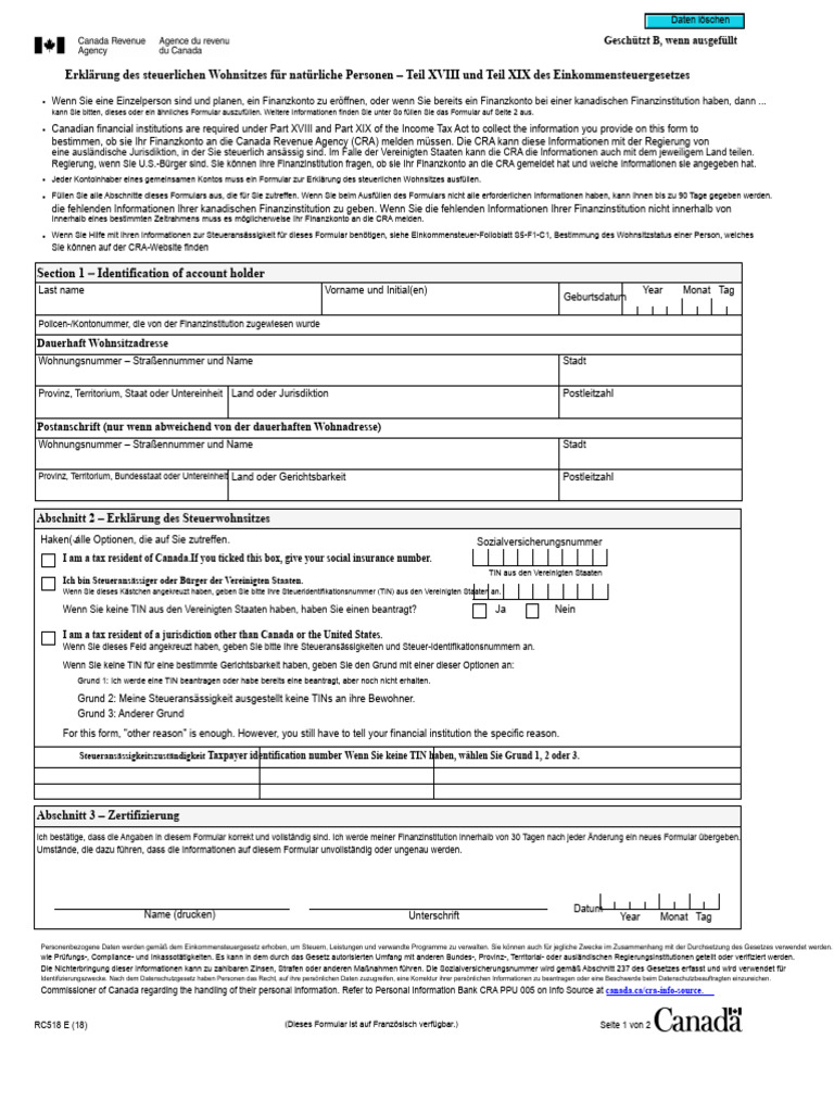 CAN Erklärung Zur Steuerlichen Ansässigkeit Rc518 Ausfüllen 18e | PDF
