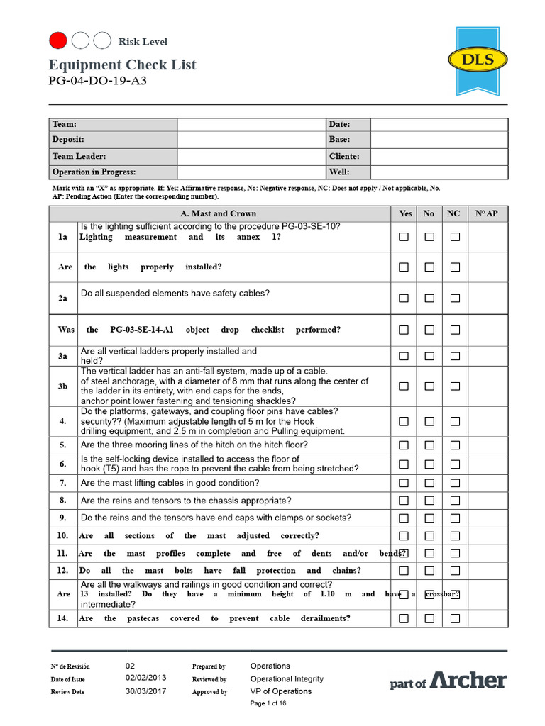 Equipment Risk Level Checklist | PDF