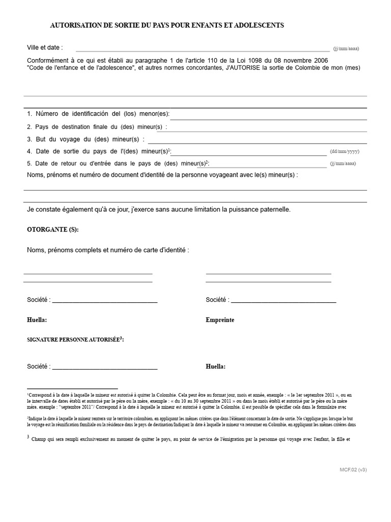 Autorisation de Sortie pour Mineurs en Colombie | PDF