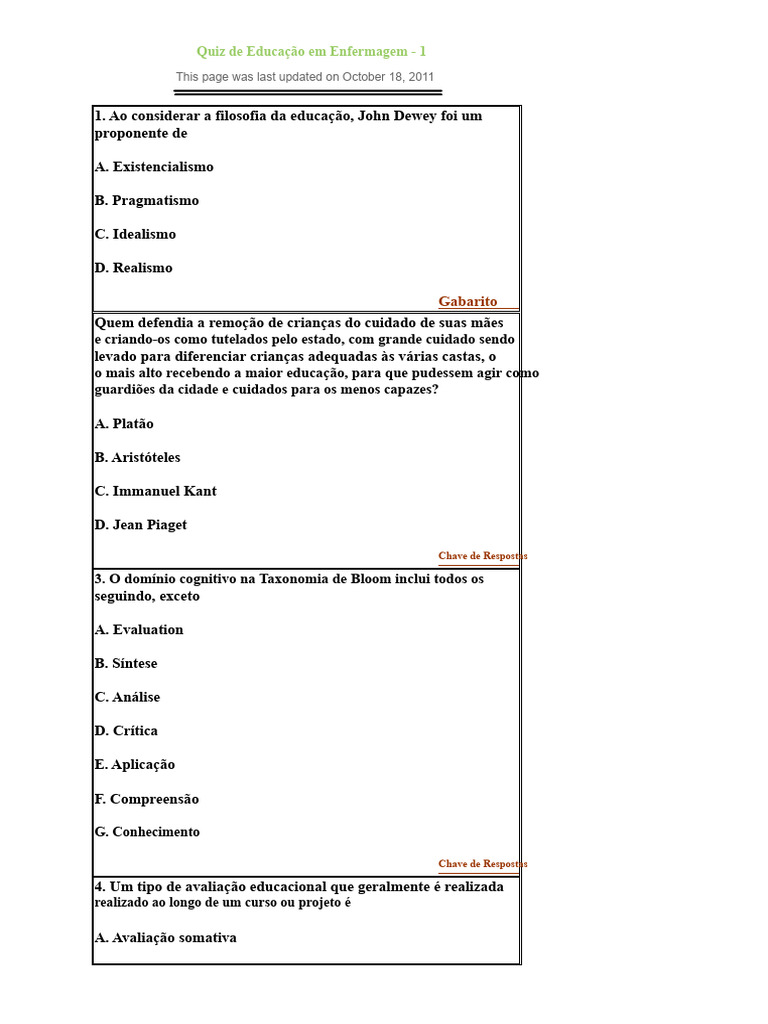 Quiz de Educação em Enfermagem: Perguntas e Respostas | PDF ...