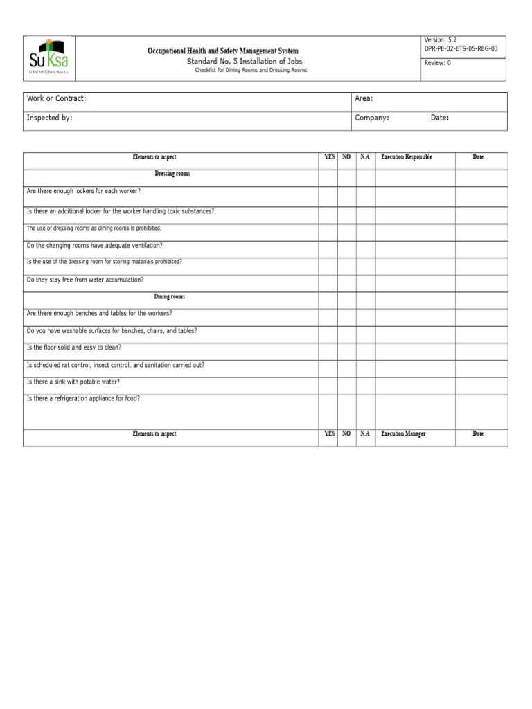 Dining Room and Dressing Room Checklist | PDF | Sanitation | Hydraulic ...