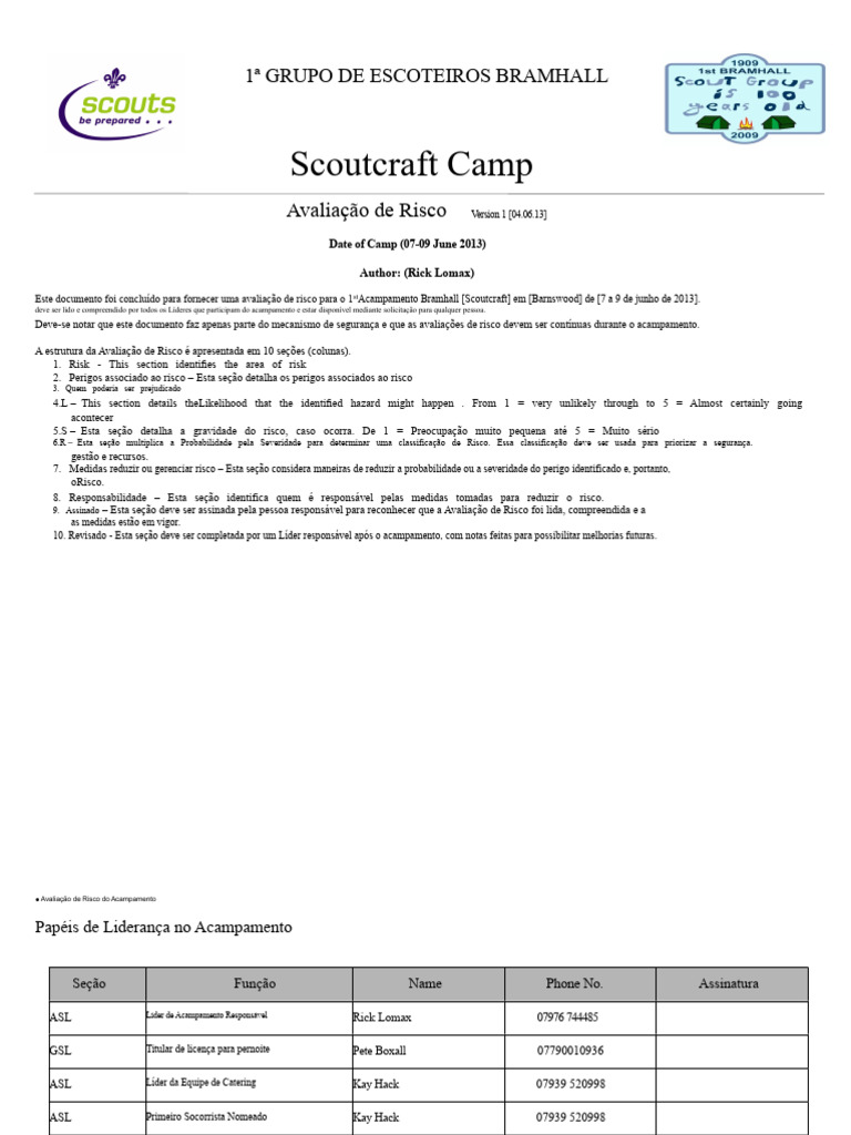 Avaliação de Risco para Acampamento Scout | PDF | Escotismo | Queimadura