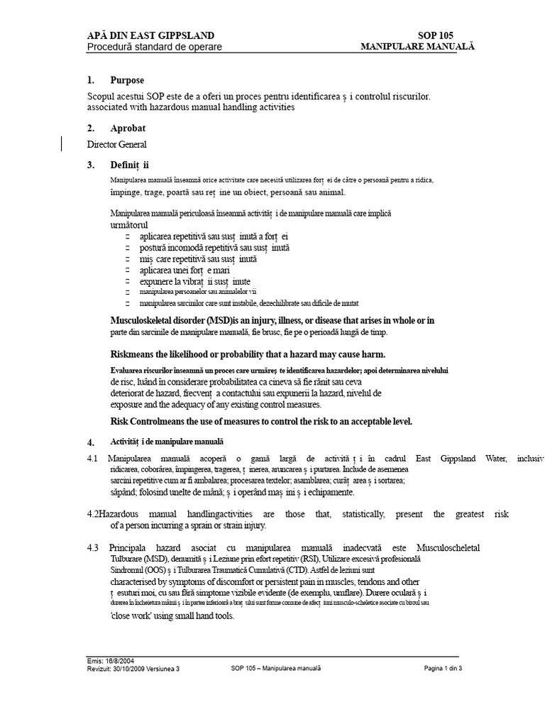 SOP 105 Manipularea Manuală | PDF