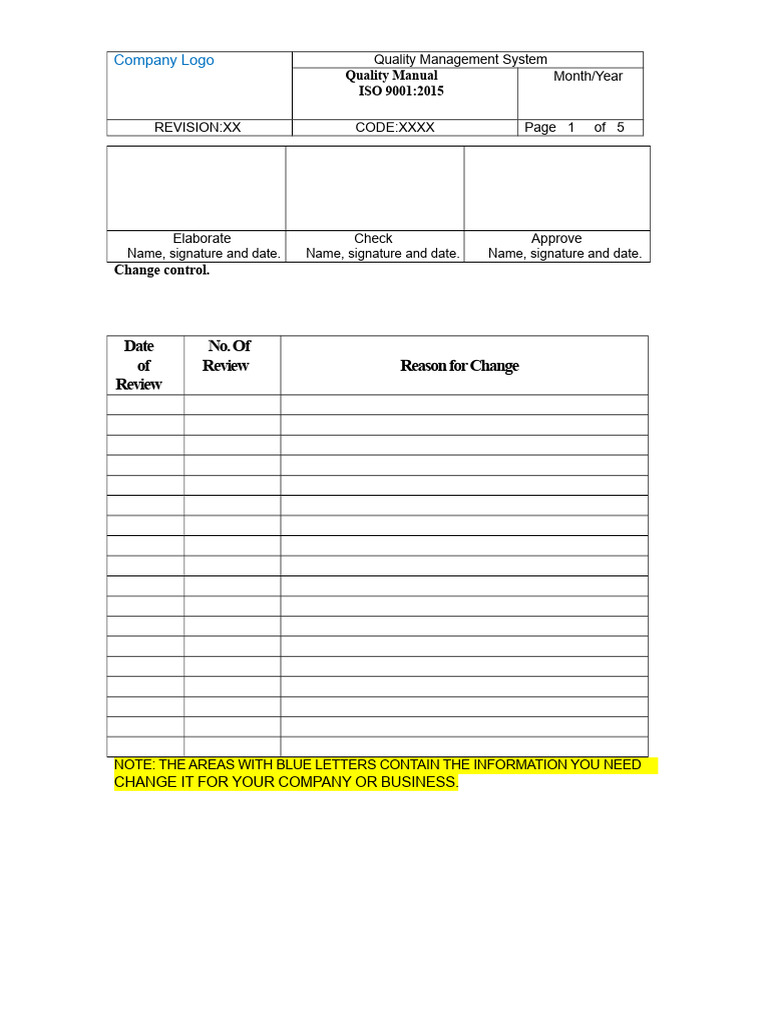 TEMPLATE MANUAL QUALITY ISO 2015 Example | PDF | Quality Management ...