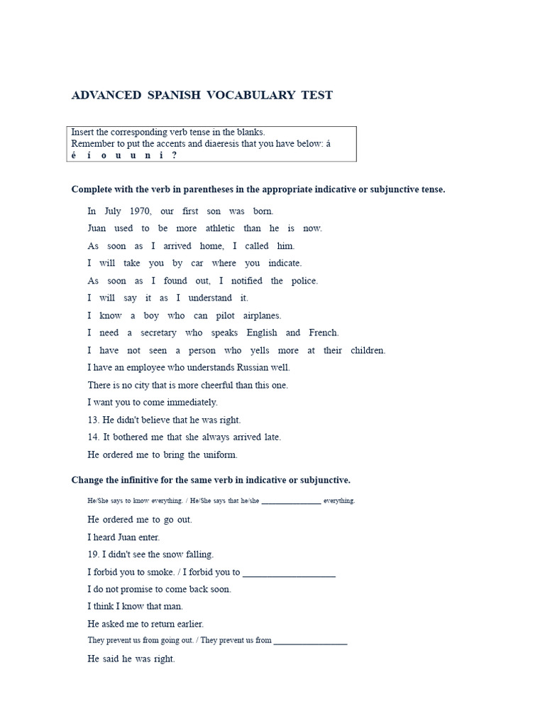 Advanced Spanish Vocabulary Test | PDF
