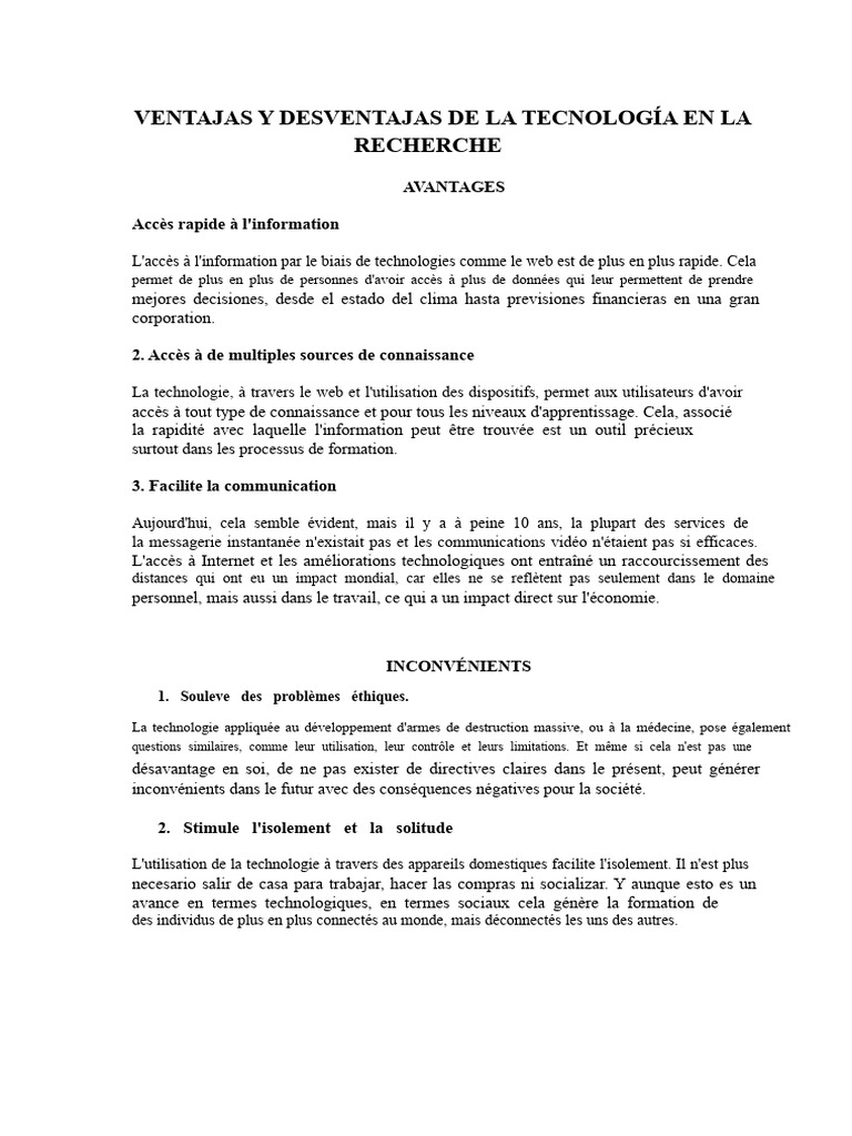 Avantages et inconvénients de la technologie | PDF | Informations ...
