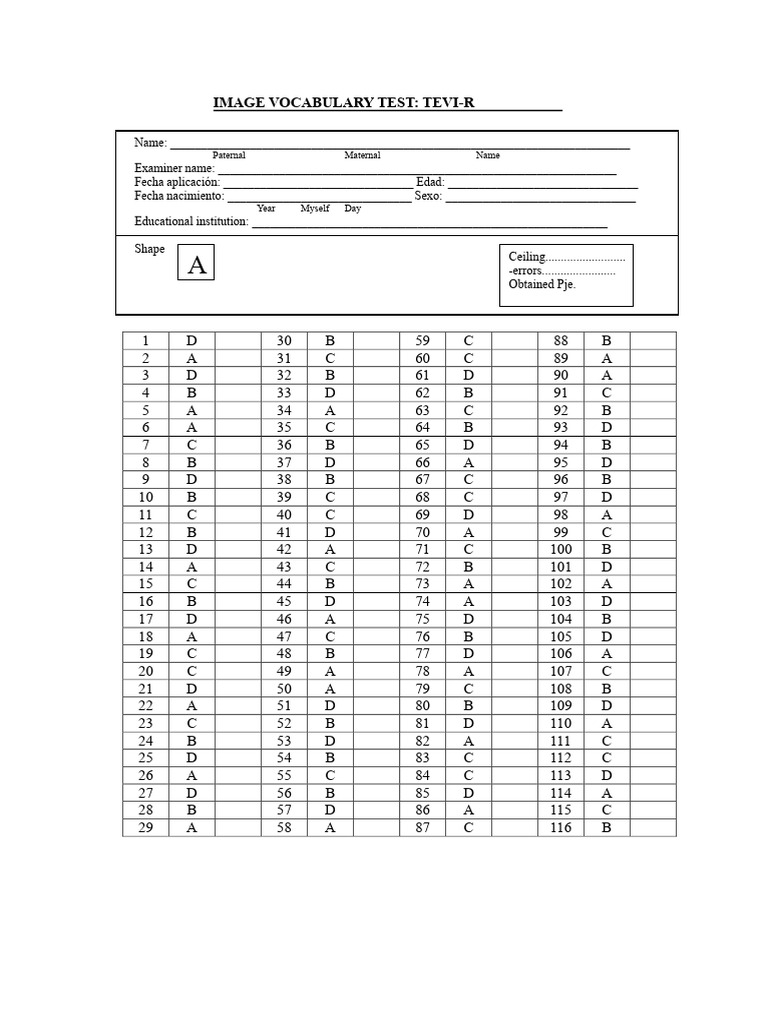 TEVI-R Image Vocabulary Test Form | PDF