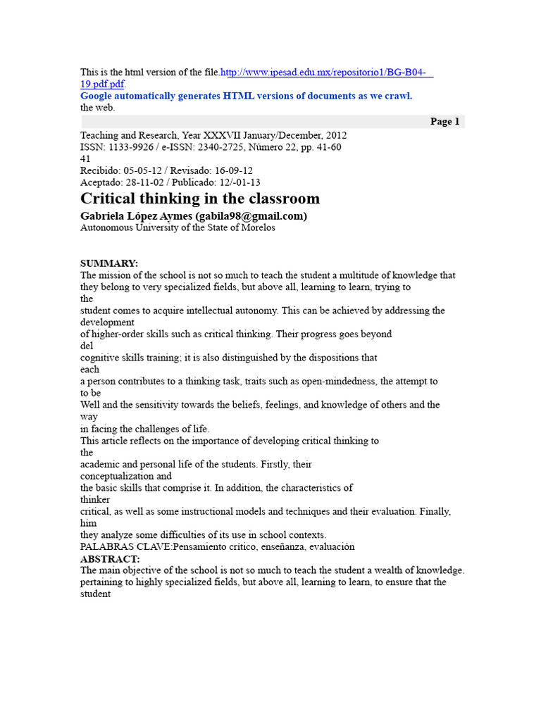 Developing Critical Thinking Skills | PDF | Critical Thinking | Thought