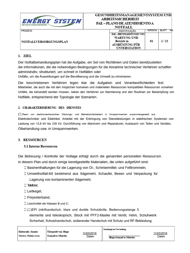 PAE DIENSTLEISTUNGEN UND BETRIEB - Notfallplan - Rev01 | PDF