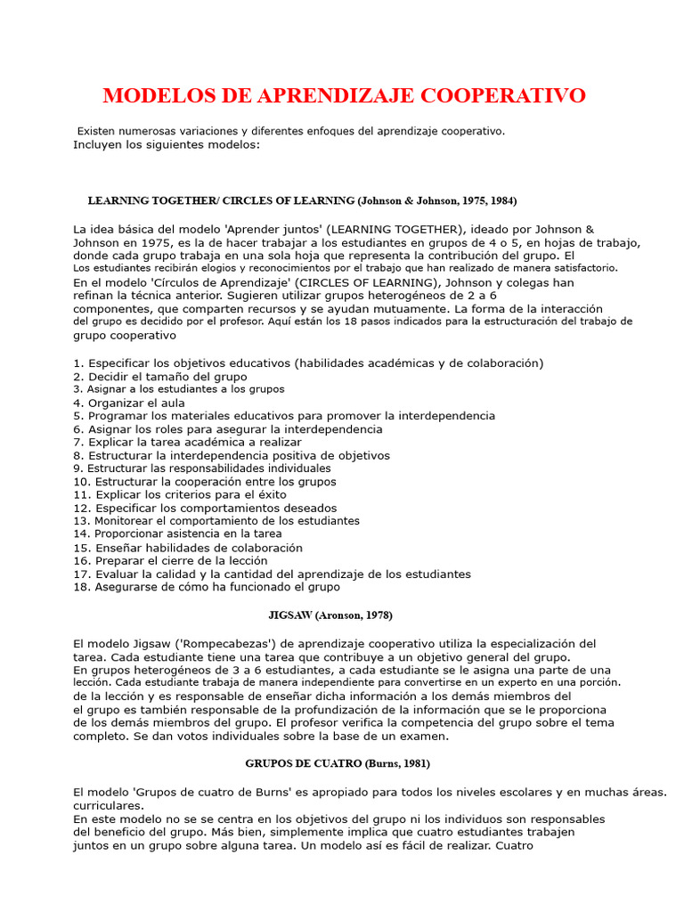 Modelos de Aprendizaje Cooperativo | PDF | Maestros | Aprendizaje