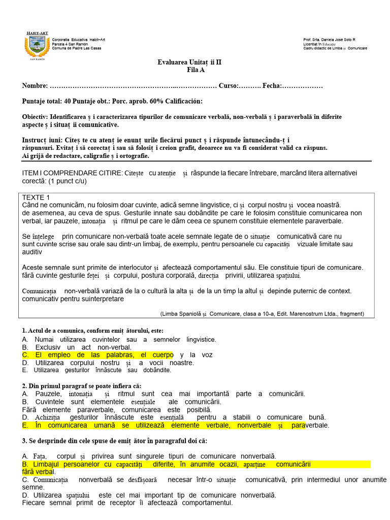 Test Comunicare Verbală Și Nonverbală Rândul A | PDF