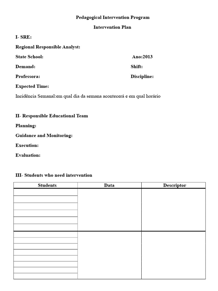 Pedagogical Intervention Plan Model | PDF