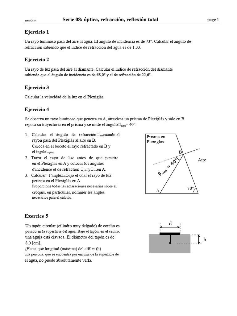 Ejercicios de Óptica: Refracción y Reflexión | PDF | Refracción ...