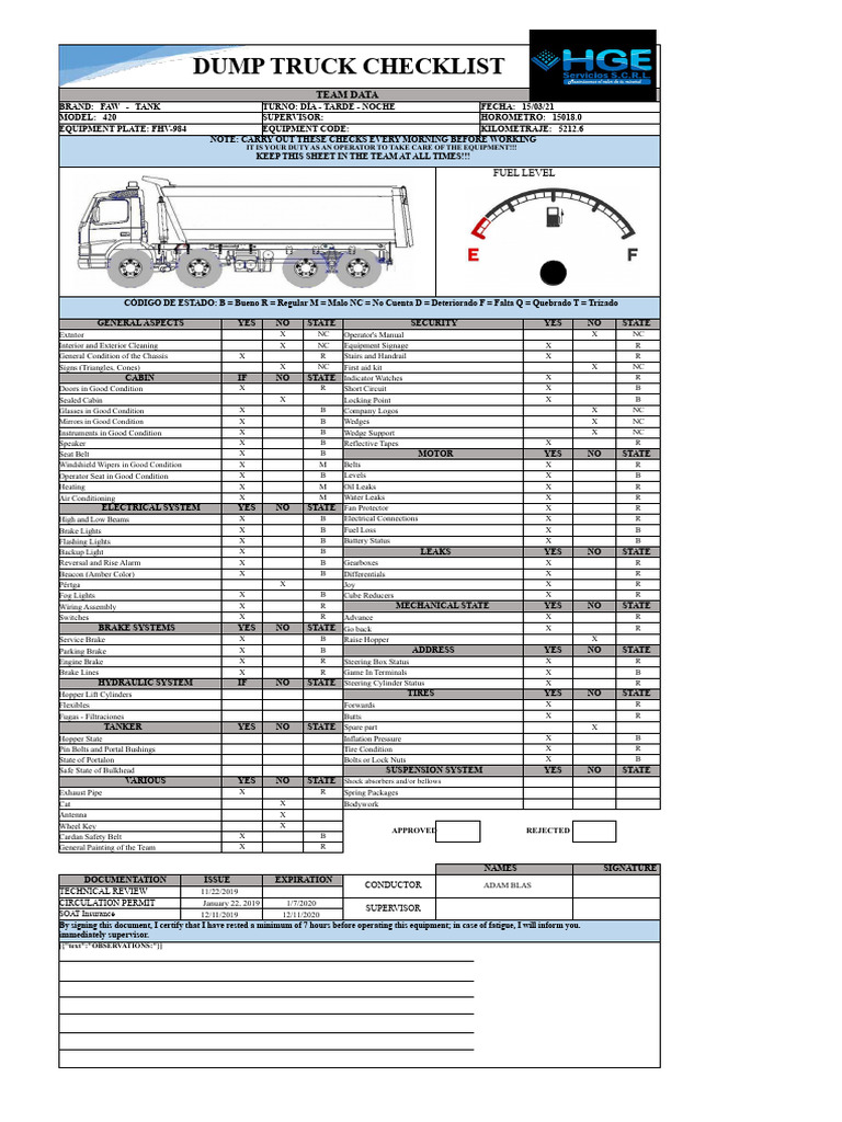 Dump Truck Daily Inspection Checklist | PDF | Truck | Brake