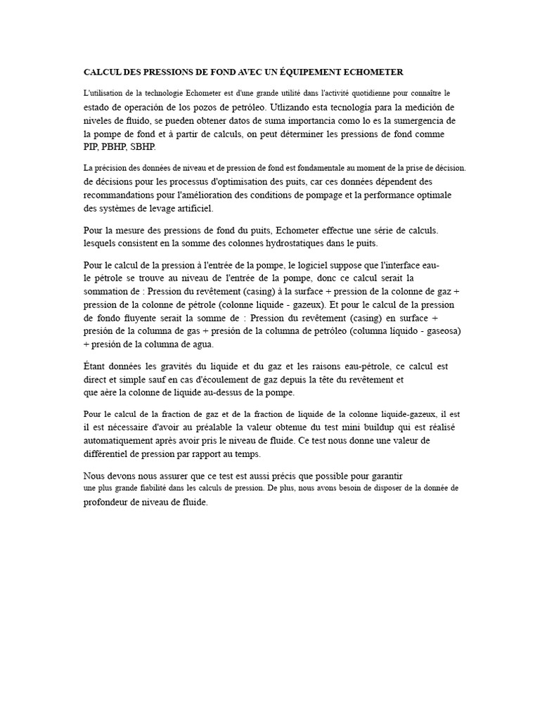 Calcul des Pressions de Fond avec Echometer | PDF