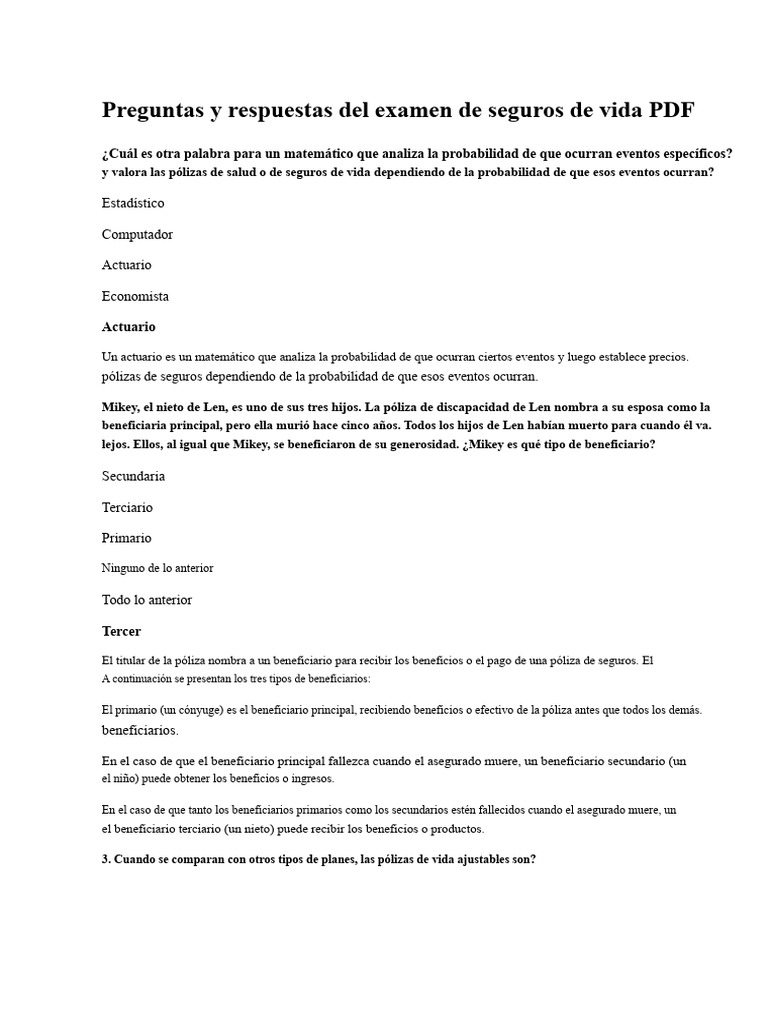Preguntas y Respuestas Del Examen de Seguro de Vida PDF | PDF | Póliza ...