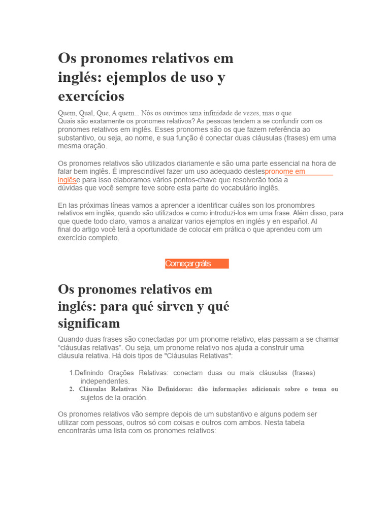 Pronomes Relativos em Inglês: Guia e Exercícios | PDF | Pronome | Oração