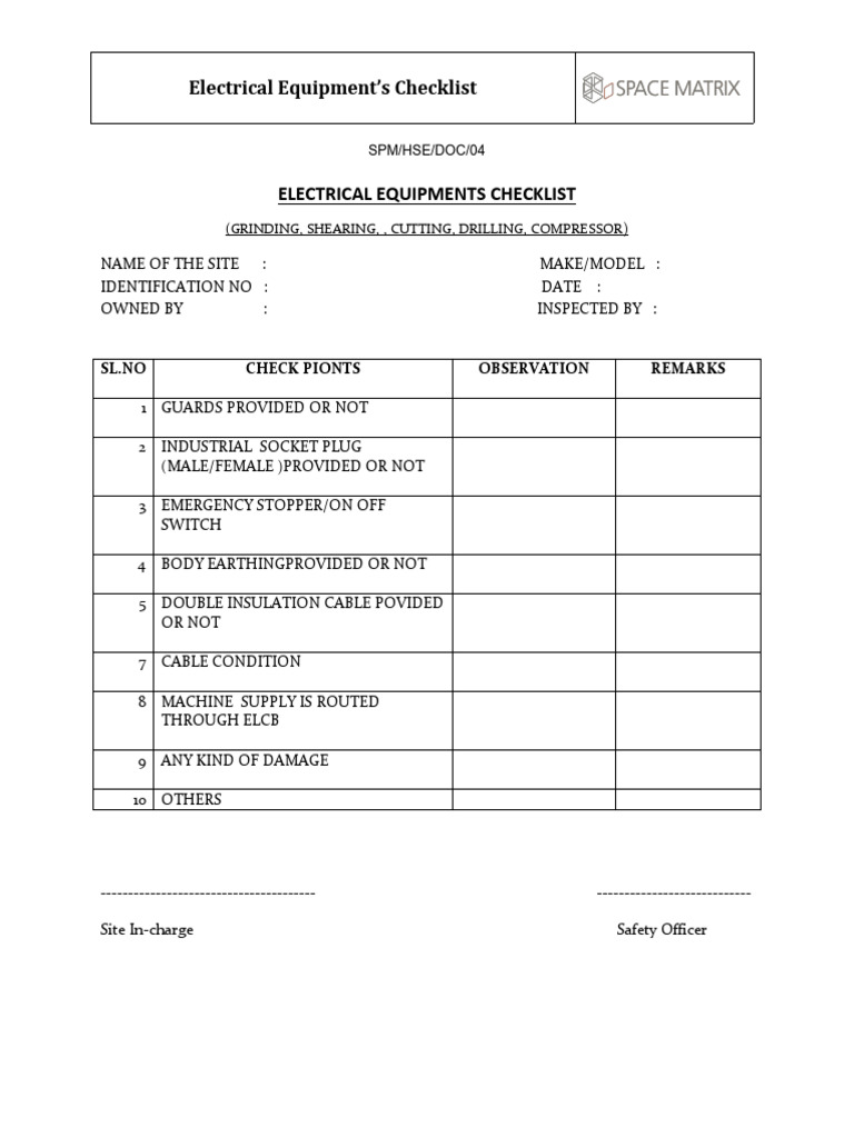Electrical Equipment Safety Checklist | PDF