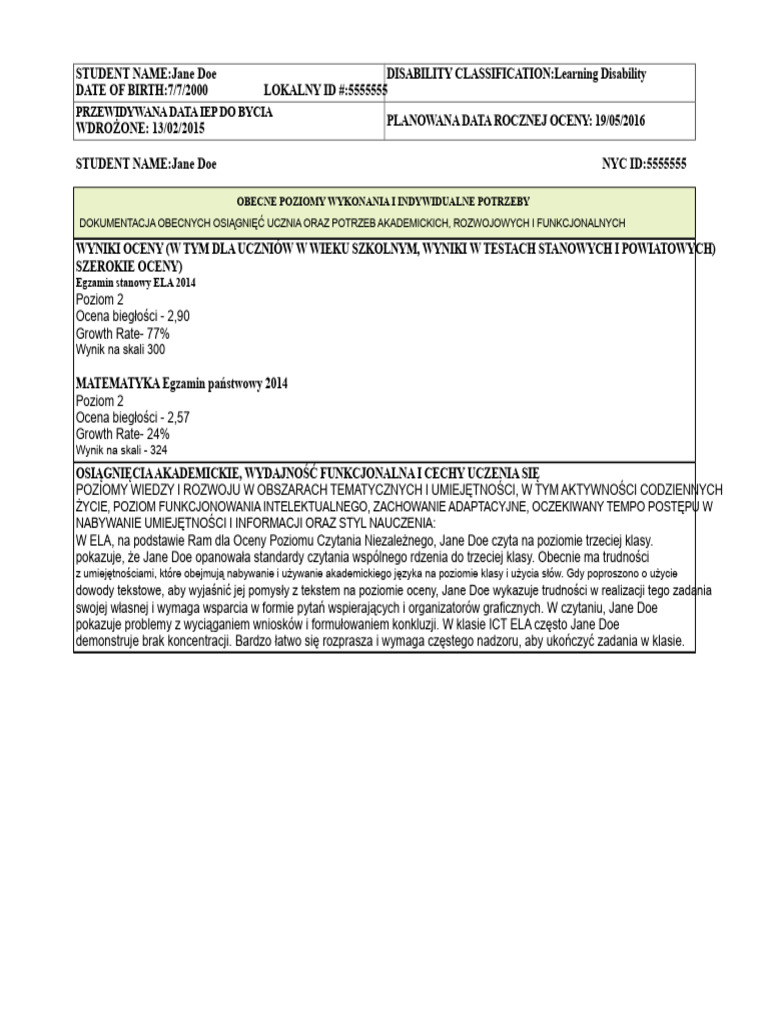 Przykładowy IEP Jane Doe | PDF