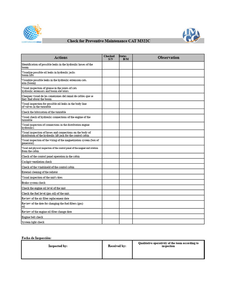 Preventive Maintenance Checklist CAT M322C | PDF | Elevator | Motor Oil