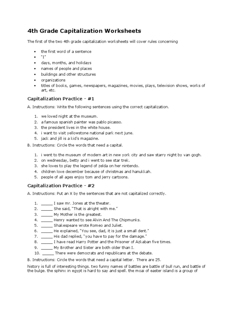 4th Grade Capitalization Worksheets