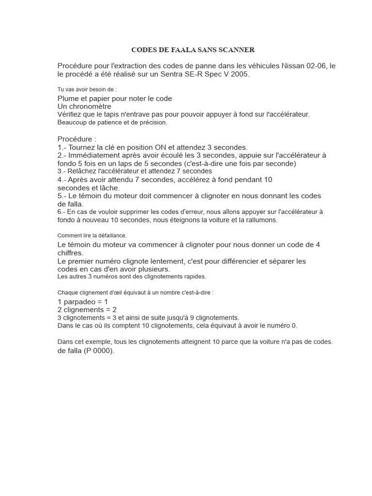 Codes de Panne Sans Scanner - Nissan 02-06 | PDF
