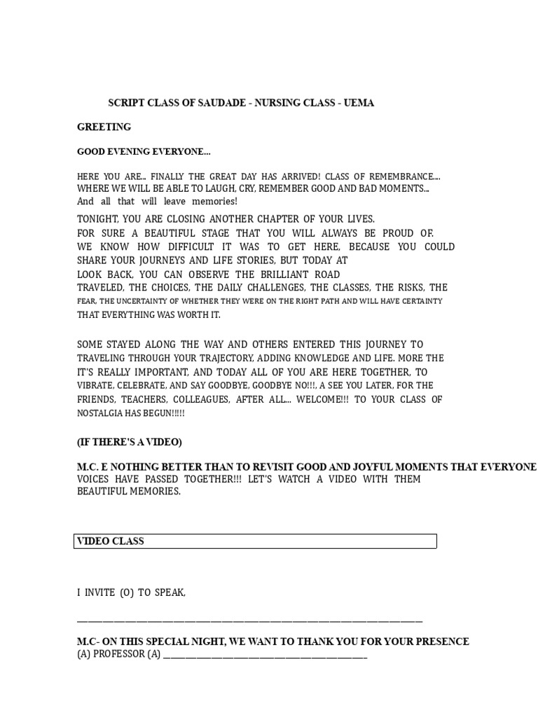 Script For The Institutional Nursing Class of Saudade | PDF